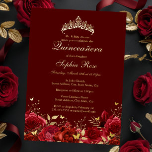 Gold Red Floral Butterfly Tiara Quinceanera Folieneinladung