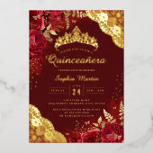 Gold Red Floral Lace Quinceanera Folieneinladung (Vorderseite)