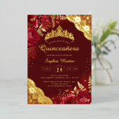 Gold Red Floral Lace Quinceanera Folieneinladung (Stehend vorne)