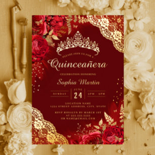Gold Red Floral Lace Quinceanera Folieneinladung