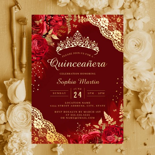 Gold Red Floral Lace Quinceanera Folieneinladung
