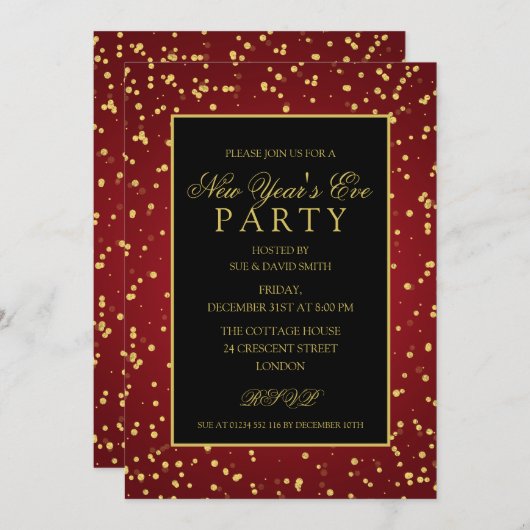 Gold Red Foil Glitzer Dots Silvester Party Einladung (Vorne/Hinten)