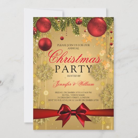 Gold & Red Glam Weihnachtsfeier Einladung (Vorderseite)