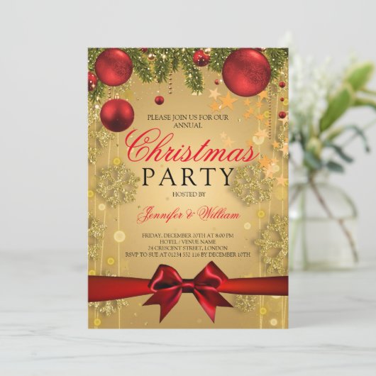Gold & Red Glam Weihnachtsfeier Einladung (Stehend Vorderseite)