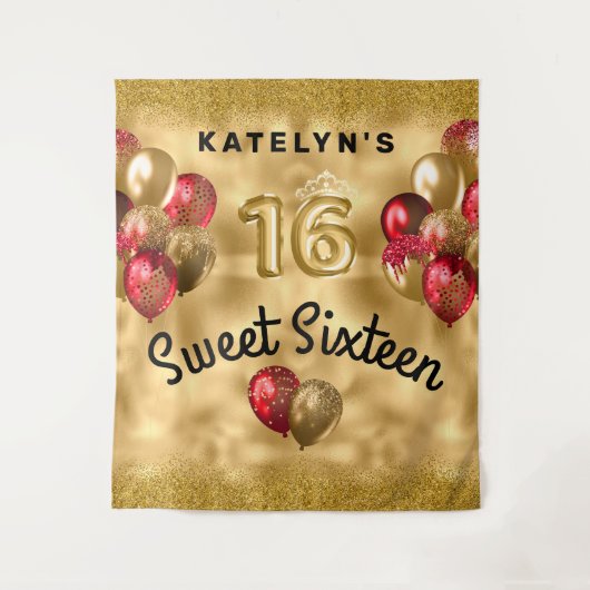 Gold Red Glitzer Balloons Sweet 16 Wandteppich (Vorderseite)
