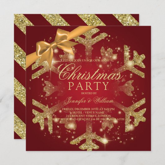 Gold Red Glitzer & Ribbon | Weihnachtsfeier Einladung (Vorne/Hinten)
