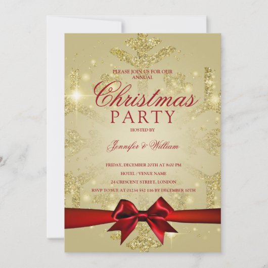Gold & Red Glitzer Snowflake & Ribbon Xmas Party Einladung (Vorderseite)