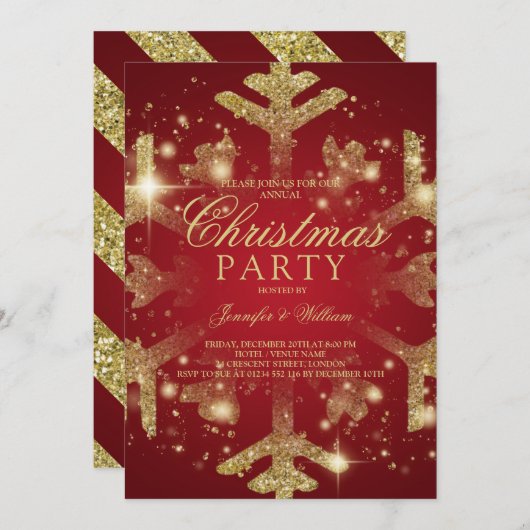 Gold & Red Glitzer Snowflake Weihnachten Weihnacht Einladung (Vorne/Hinten)