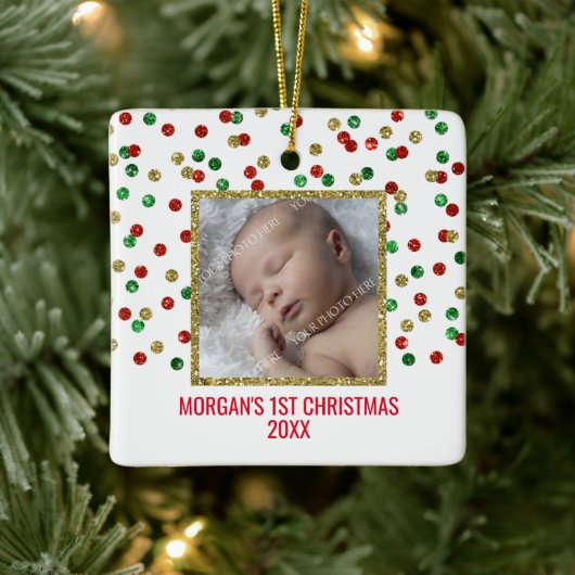 Gold Red Green Baby's First Christmas Foto Keramikornament (Baum)