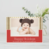 Gold Red Happy Holidays Foto Baby Ankündigung (Stehend Vorderseite)