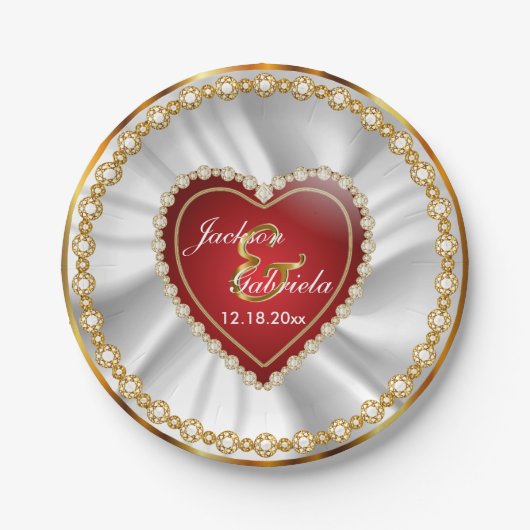 Gold, Red & Imitats Diamond Wedding oder Jubiläum Pappteller (Vorderseite)