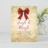 Gold Red Jingle Mingle Christmas Party Bow & Snow Einladung (Stehend Vorderseite)