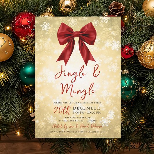 Gold Red Jingle Mingle Christmas Party Bow & Snow Einladung