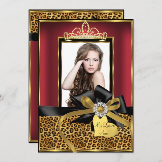 Gold Red Leopard Print & Bow Foto Quinceanera Einladung (Vorne/Hinten)