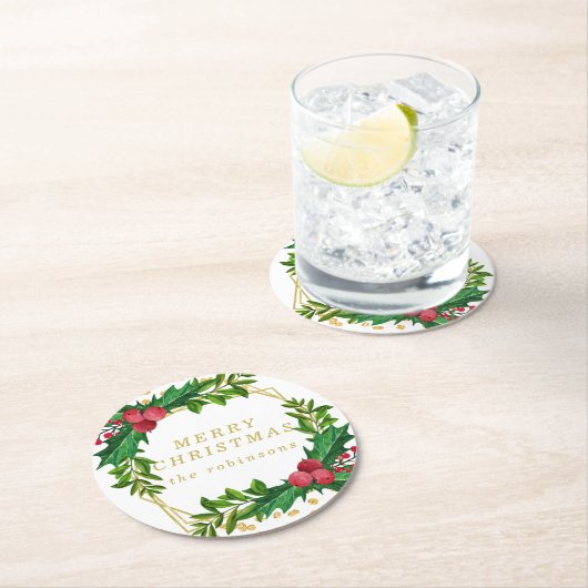 Gold Red Merry Christmas Party Holly Glitzer Runder Pappuntersetzer (Vor Ort)