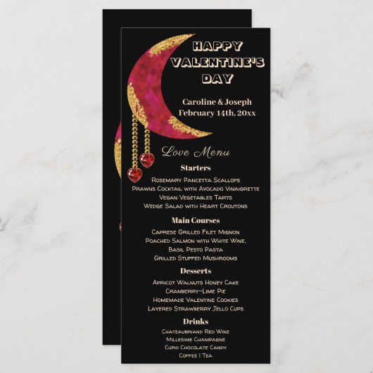 Gold Red Moon Heart Jewels Valentine's Day Menu Menükarte (Vorne/Hinten)