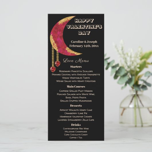 Gold Red Moon Heart Jewels Valentine's Day Menu Menükarte (Stehend Vorderseite)