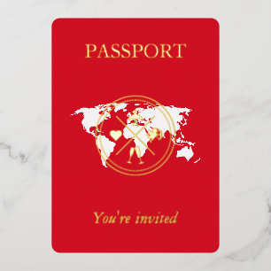 Gold & Red Passport Einzigartiges Hochzeitssemble  Folieneinladung
