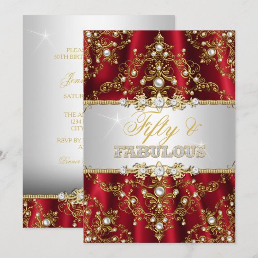 Gold Red Pearl Damask 50 und fabelhafte Einladung (Vorne/Hinten)