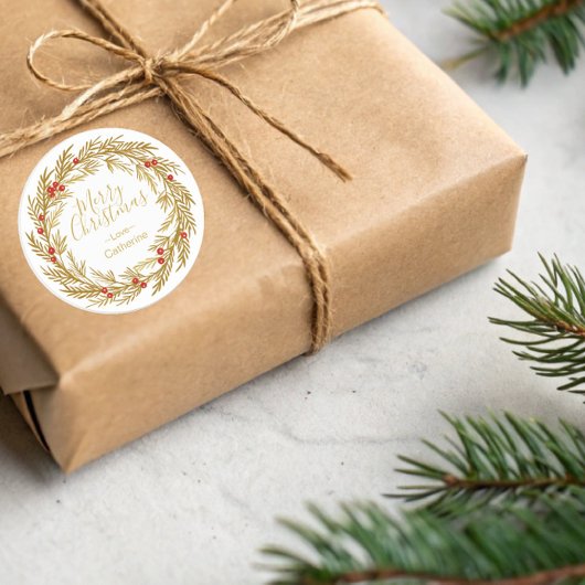 Gold Red Pine Berry Weihnachtsmann Name Runder Aufkleber