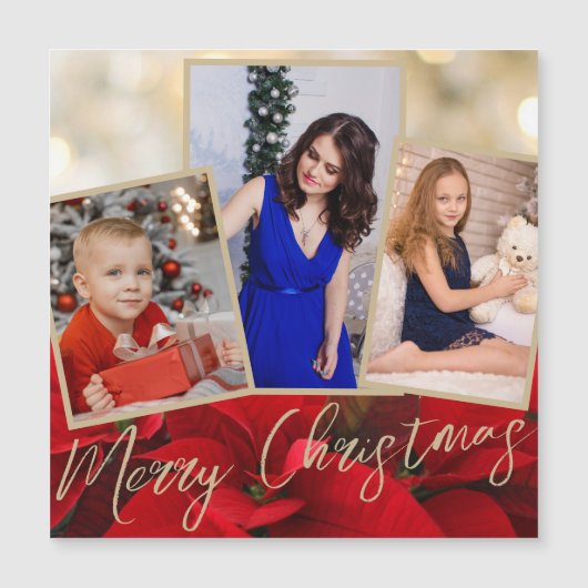 Gold Red Poinsettia Frohe Weihnachts-Magnet-Karte Magnetkarte (Vorderseite)