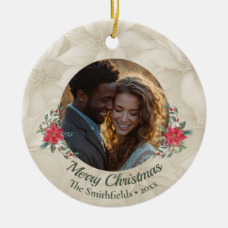 Gold, Red Poinsettia Zwei Fotos Urlaub Keramik Ornament