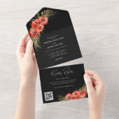 Gold Red Poppy Floral Fall QR Code Black Wedding All In One Einladung (Abreißen)