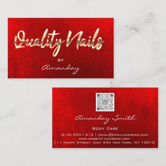 Gold Red Quality Nails Script QR-Logo Visitenkarte (Vorne/Hinten)