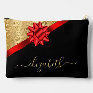 Gold Red Ribbon Script Monogram Zubehörtasche