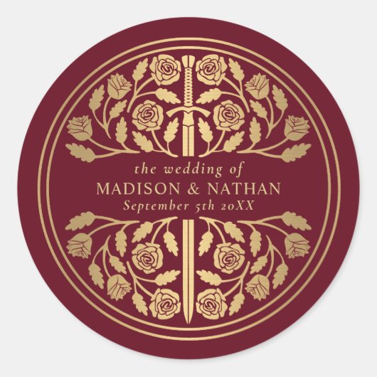 Gold Red Royal Medieval Sword Wedding  Runder Aufkleber (Vorderseite)