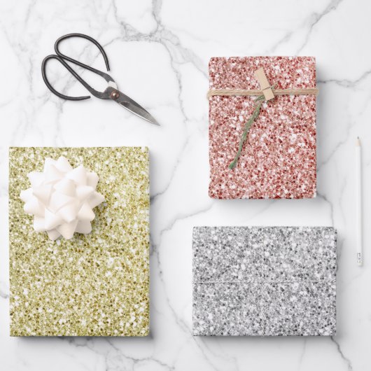 Gold Red Silver Glitzy Glitzer Sparkle Geschenkpapier Set (Vorderseite)
