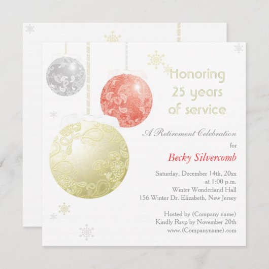 Gold Red Silver Winter Retirement Party Einladung (Vorne/Hinten)