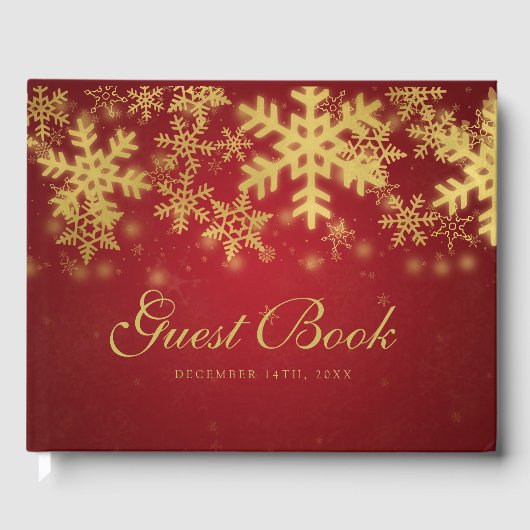 Gold & Red Snowflakes Weihnachts Party Gästebuch (Vorderseite)