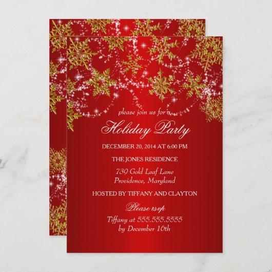 Gold & Red Snowflakes Weihnachtsfeier Einladung (Vorne/Hinten)