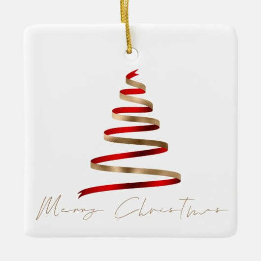Gold Red Tree Foto Script Frohe Weihnachten Keramikornament (Vorderseite)