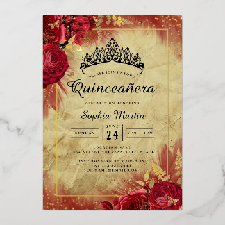 Gold Red Vintag Butterfly Floral Quinceanera Folieneinladung