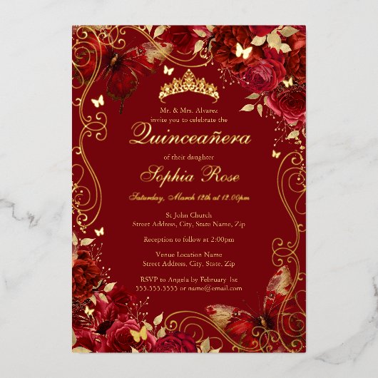 Gold Red Vintag Butterfly Floral Quinceanera Folieneinladung (Vorderseite)