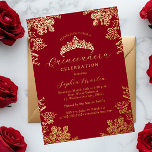 Gold Red Vintag Floral Quinceanera Folieneinladung