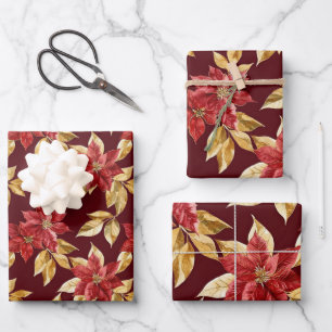Gold Red Vintag Poinsettias Weihnachten Geschenkpapier Set