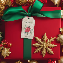 Gold, Red Watercolor Poinsettia Urlaub Geschenkanhänger