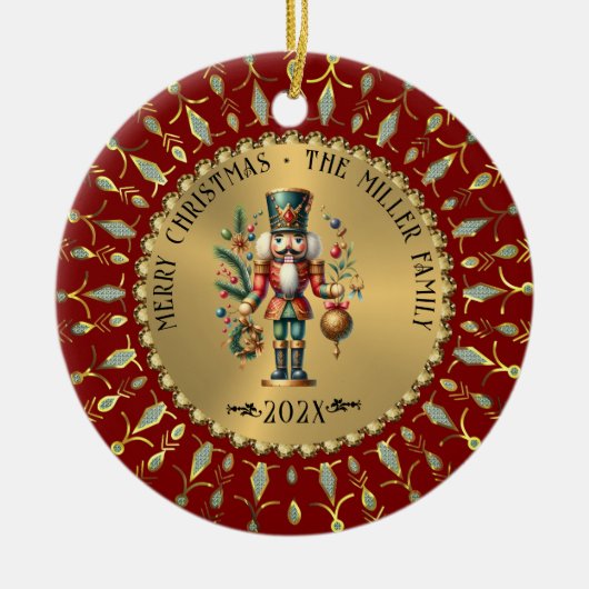 Gold Red White Diamonds Christmas Nutcracker Keramik Ornament (Vorne)
