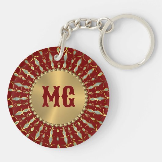 Gold Red White Diamonds Custom Monogram Schlüsselanhänger (Rückseite)