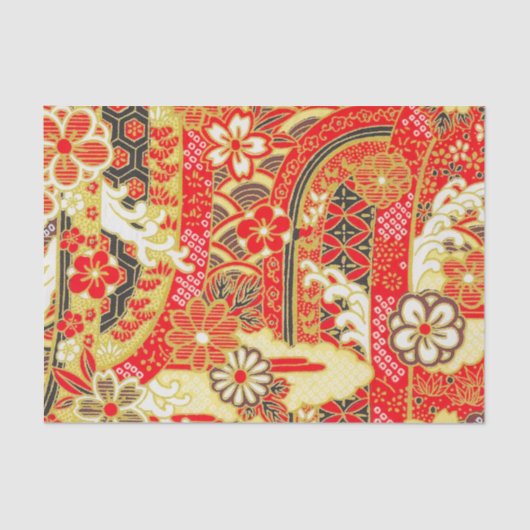 Gold Red White Japanisch Kimono Floral Decoupage Seidenpapier (Vorderseite)