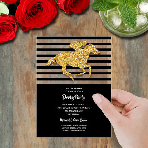 Gold-Rennpferd schwarze Streifen Derby-Party Acryleinladungen