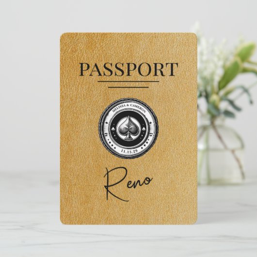 Gold Reno Passport Save the Date (Stehend Vorderseite)