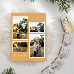 Gold Retro Boho Minimalistisch vier FotoCollage Feiertagskarte<br><div class="desc">Dieses Gold Retro Boho Minimalistisch Four Foto Collage Holiday Card Design zeichnet sich durch eine sanfte und warme Kulisse aus mutiertem Senfgold aus. Die elegante Kombination aus einfacher Typografie und zartem Drehbuch bietet die Begrüßungen der Saison von "Frohe Weihnachten". Dieser minimalistische Stil ist eine perfekt gepflegte Ästhetik für Ihre Lieben,...</div>