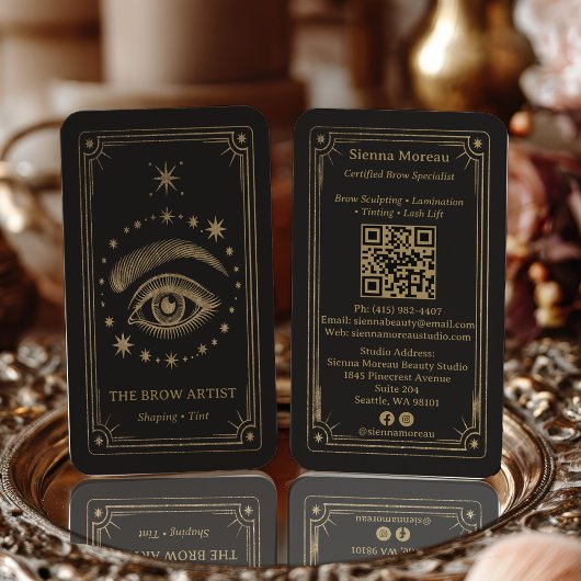 Gold Retro Celestial Tarot Brow Artist QR Code Visitenkarte
