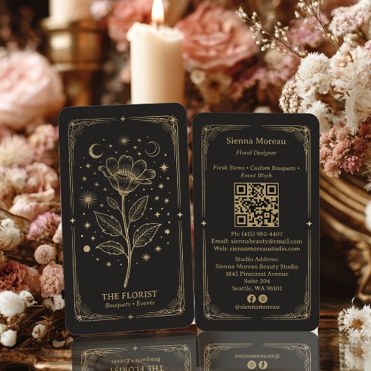 Gold Retro Celestial Tarot Florist QR Code Visitenkarte