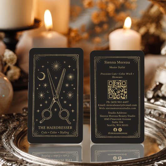 Gold Retro Celestial Tarot Hairdresser QR Code Visitenkarte
