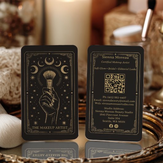 Gold Retro Celestial Tarot Makeup QR Code Visitenkarte